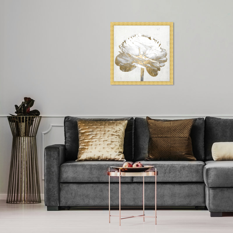 «Gold and Light Floral II» blanc - peinture encadrée sur papier, H 18 po x l 18 po, Doré