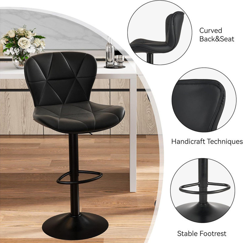 Black Adjustable Swivel Faux Leather Bar Stools Set of 2