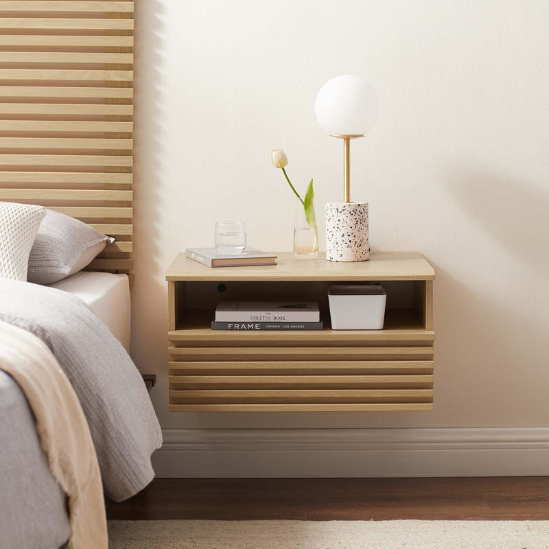 Oak Mid-Century Modern Wall-Mount Nightstand with Drawer