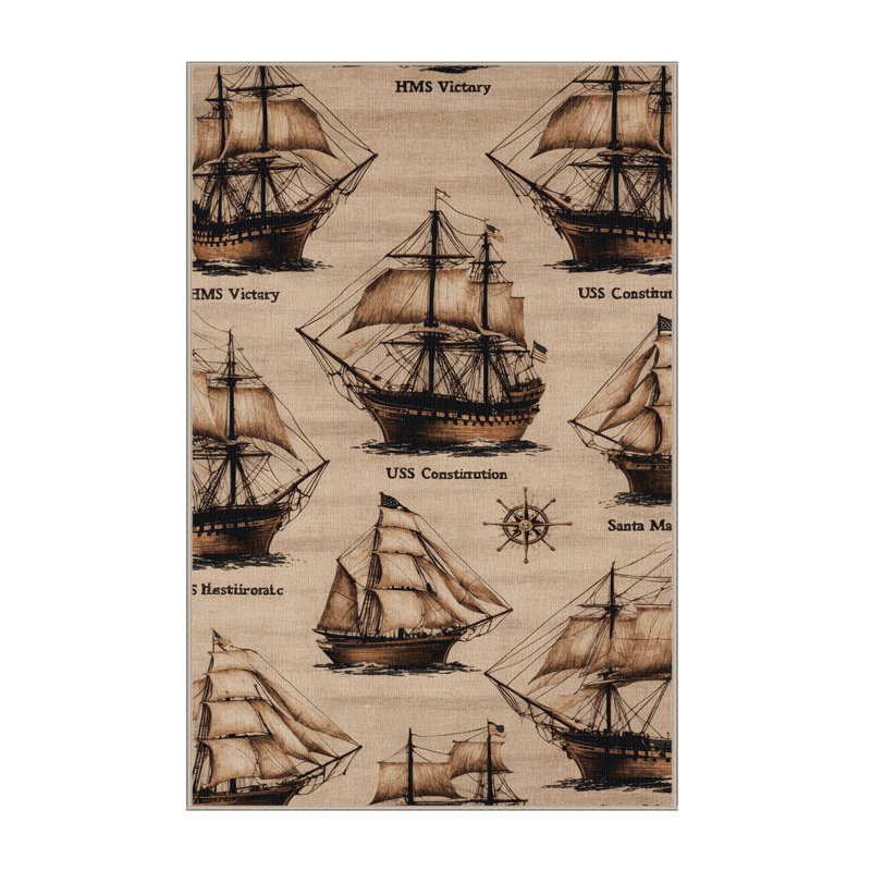 Washable Famous ships Nautical Area Rug, Rectangle 6' x 9'