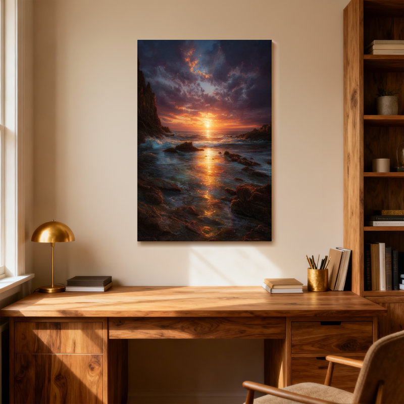 Paysage et nature coucher de soleil sur la côte rocheuse avec un ciel dramatique, H 18 po x l 12 po