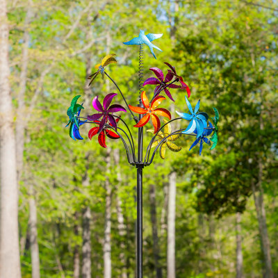 Metal Wind Spinner, Twirling Colorful Flowers, 91"H