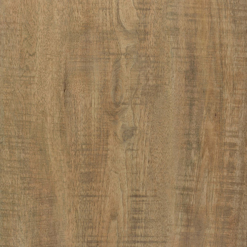 Table de bout transitionnelle ronde avec base minimaliste et plateau de table chaleureux