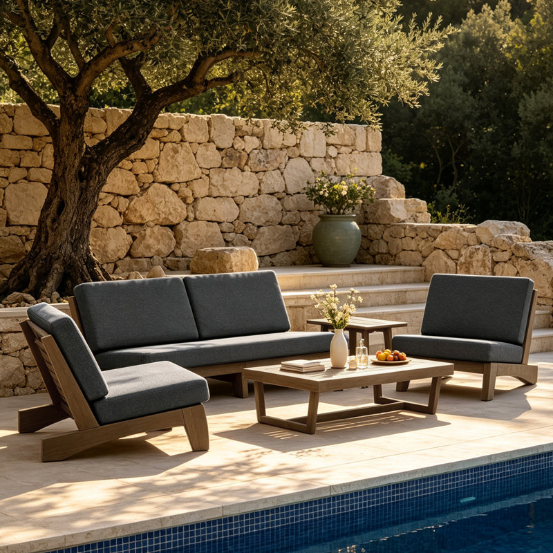Ensemble de conversation Polett, 5 pièces: 2 tables, 2 chaises, canapé, Gris foncé, Brown