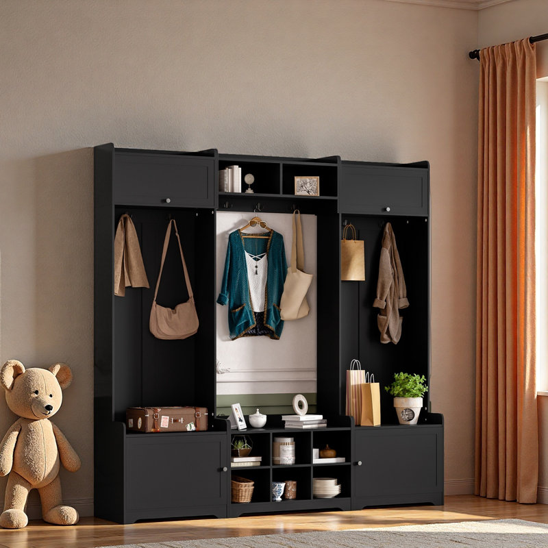 Hall Tree With Bench And Storage Cabinets, Entryway Organizer With Hooks, Seating, And Anti-Tip Kit, Durable Mdf Construction