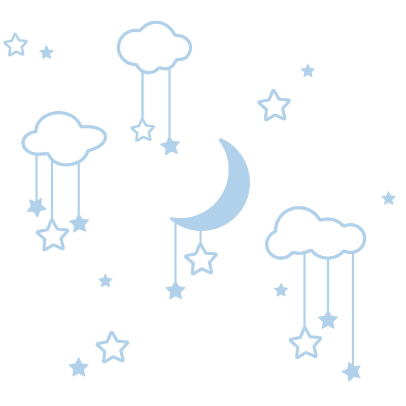 Décalcomanie murale étoiles et nuages lune, H 22 po x l 24 po x P 0,01 po, Bleu poudré