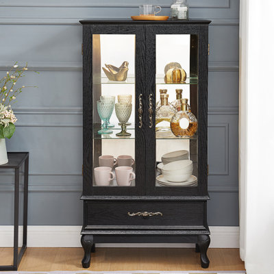 Lighted Curio Cabinet With Glass Doors And Adjustable Shelves, 2 Door Wine Cabinet