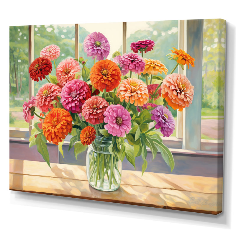 Zinnias Farmhouse Still Life - Zinnias, art mural, Toile tendue, H 16 po x l 32 po x P 1 po