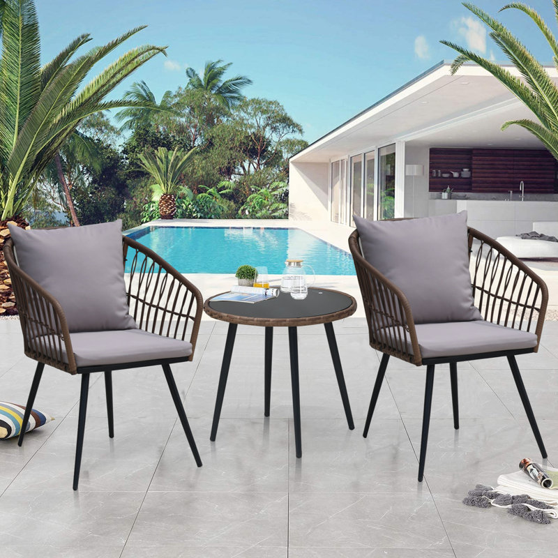 Ensembles de meubles de patio 3 pièces en osier de rotin PE avec table, Brun, Gris