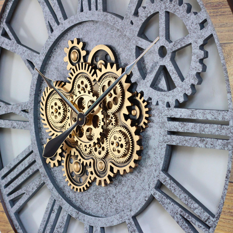 Oversized Brown and Gray Wood Industrial Wall Clock with Moving Gears