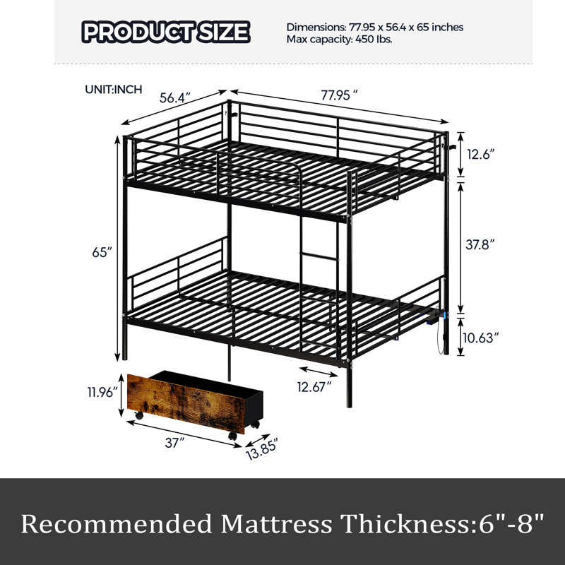 Bunk Bed With USB Charging Station, Black, Full over Full