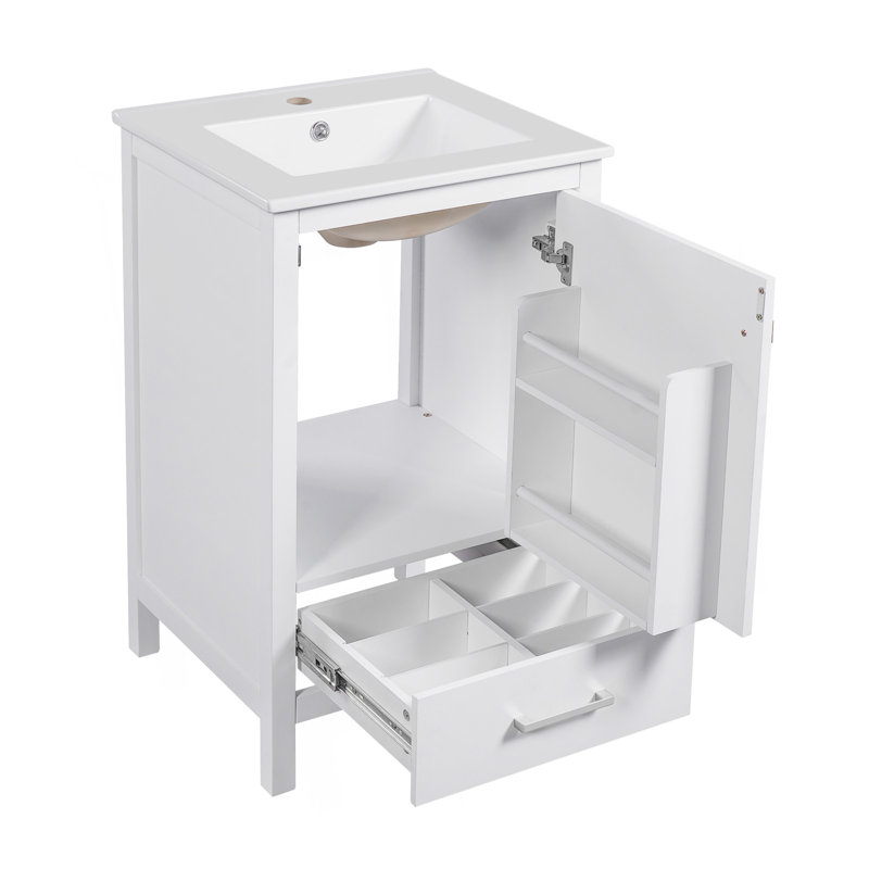 Meuble-lavabo moderne de 20 pouces avec lavabo en céramique, tiroir et porte à fermeture en douceur, organisateur de porte double couche, tiroir de séparation, patins réglables - conception de rangement peu encombrante