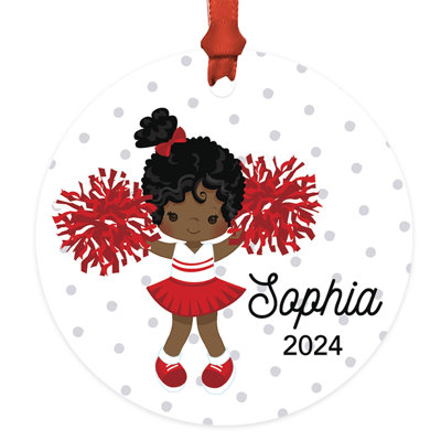 Curly Ponytail Cheerleader Metal Ornament, Custom Name, Christmas Tree Decoration