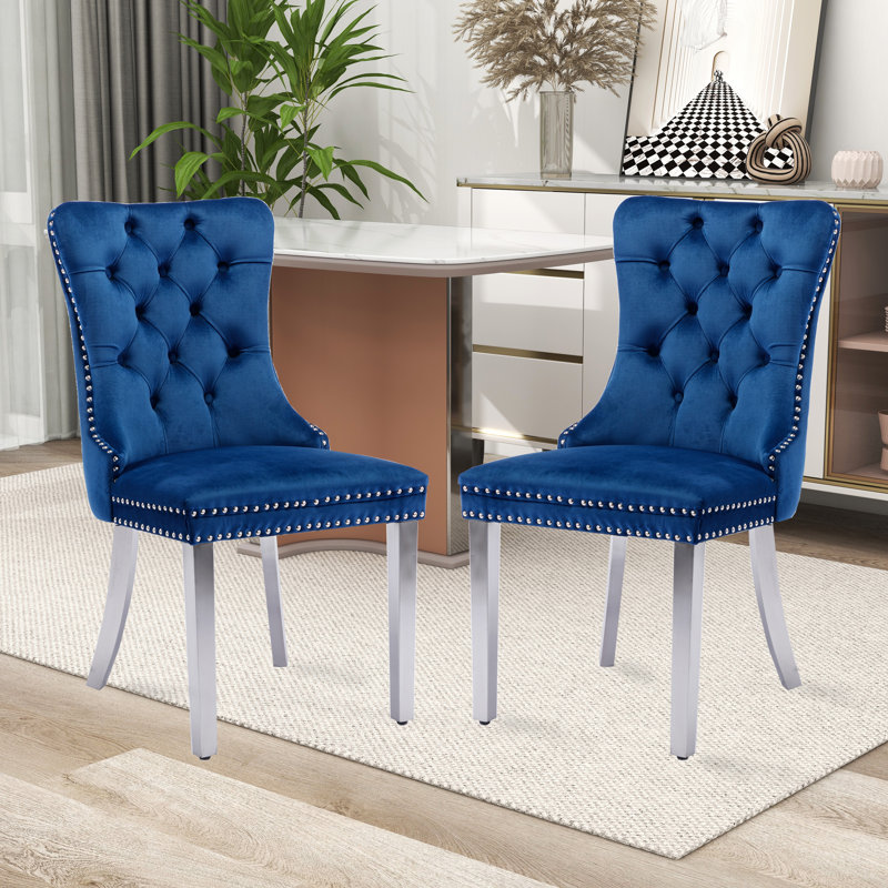 Chaise rembourrée capitonnée, Argent, Bleu