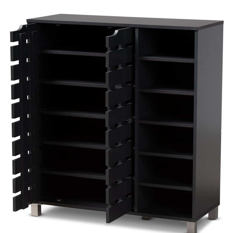 Modern and Contemporary  2 Door Wood 24 Pair Shoe Storage Cabinet with Open Shelves