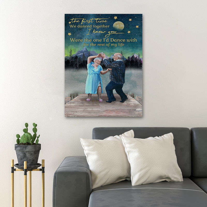 «Old Couple Dancing Under Moon - The First Time We Dance Together», reproduction d'art graphique sur toile tendue 1 pièce
