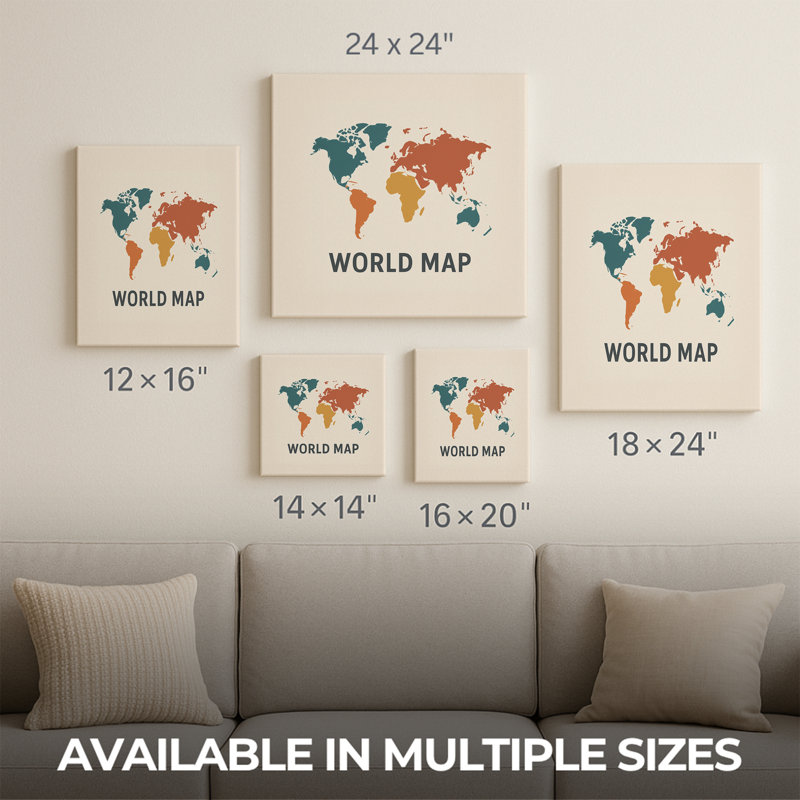 «World Map Canvas», impression sur toile encadrée | Toile pour la vie, la chambre à coucher, le bureau, affiche de photos de décoration murale sur toile, fabriquée aux États-Unis | 24 x 36