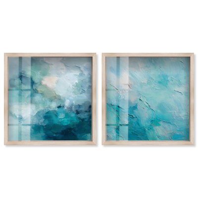 «Celeste Swirls Serenity pair Shadowbox Print Coastal Abstract Art Set» par Art Remedy, cadre blond, 40 x 40