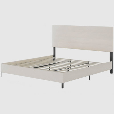 Très grand lit plateforme tapissier avec très grande tête de lit, conceptions minimalistes en chenille de qualité supérieure, lit plateforme simple de style rétro sans sommier, assemblage facile, ivoire