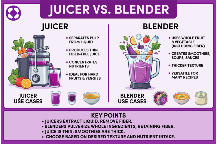 Juicer vs blender comparison infographic showing juicers that extract liquid and remove fiber versus blenders that process whole fruits and vegetables into smoothies