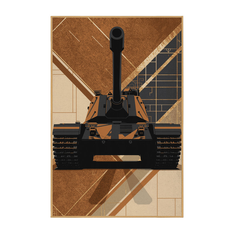 Machine Washable Vehicles And Transportation Howitzer Artillery Vehicle Industrial Geometric Rug in Brown – LightBrown Binding