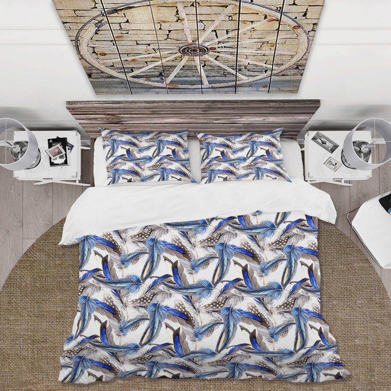 Blue Bohemian Bird Feathers I - Ensemble de housse de couette Bohemian - Polyester en microfibre