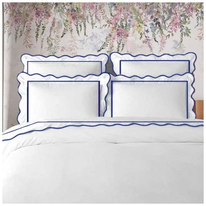 400TC Cotton Scallop Embroidery & Border Sateen Solid Duvet Cover Set, California King/King Duvet Cover, White/Navy Blue