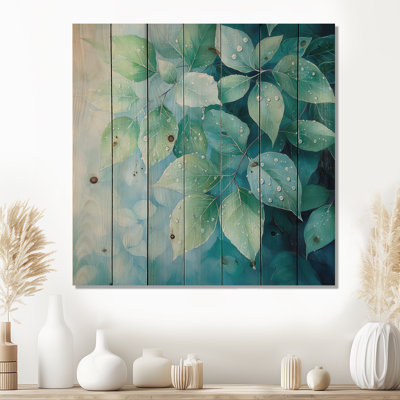 Morning Dewy Leaves II - feuilles, art mural sur bois de pin naturel