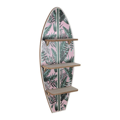 Tropical Palm Leaves Surfboard Wall Shelf - Pink & Green