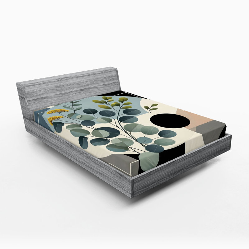 Drap-housse à motif de feuilles d'eucalyptus Ambesonne - Mid-Century froid - Noir, bleu, gris et vert
