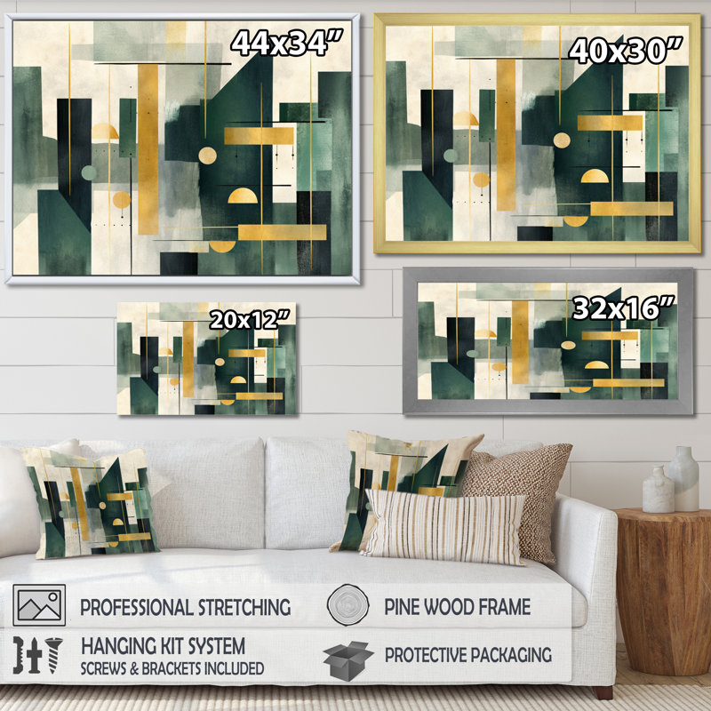 «Gold Green Parallel Universes - Abstract Shapes», art mural, Cadre flottant noir, H 30 po x l 40 po x P 1,5 po