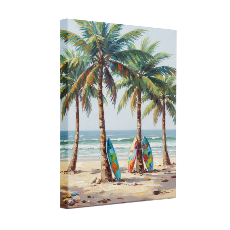 Plantes et fleurs, palmiers, planches de surf sur la plage, ciel océan, vagues de sable, H 24 po x l 16 po