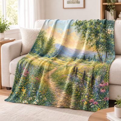 Couverture Scenic Landscape - Wildflower Path, Mountain Sunset, couleurs éclatantes, légère, respirante, toutes saisons, douce pour la peau, lavable à la machine, décorative, pour canapé, canapé, salon et chambre à coucher