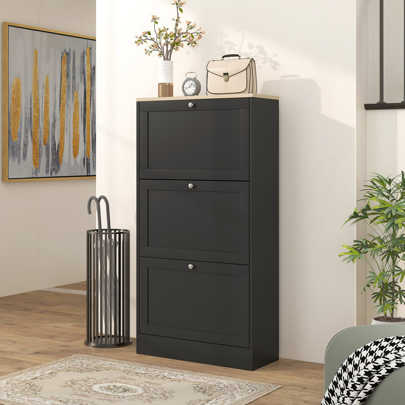 3 étagères à chaussures à 3 tiroirs rabattables, tablettes réglables, peut contenir 18 paires, portes d'armoire noires de style vestibule, tablettes pour un ajout moderne