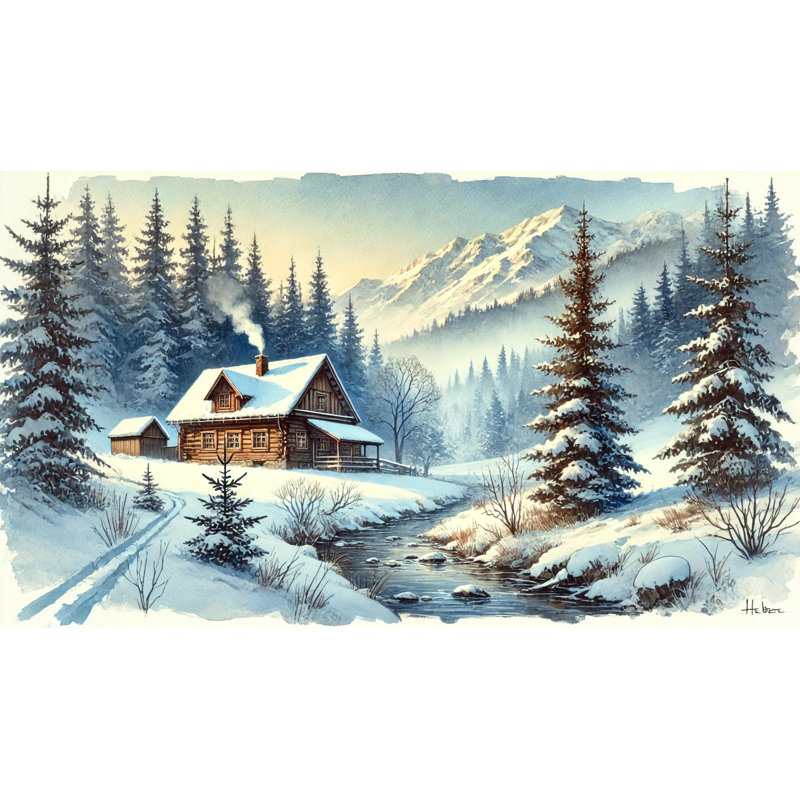 «Snowy Solitude: Majestic Winter Cabin Landscape», reproduction sur toile tendue, H 20 po x l 36 po