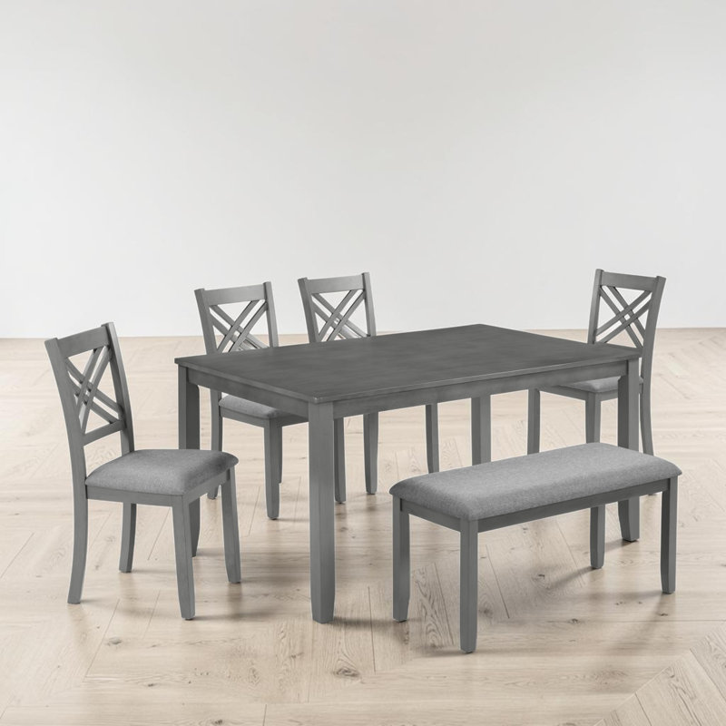 Ensemble de table de salle à manger 6 pièces, chaises en bois à dossier en X, banc rembourré, ferme moderne, salle à manger