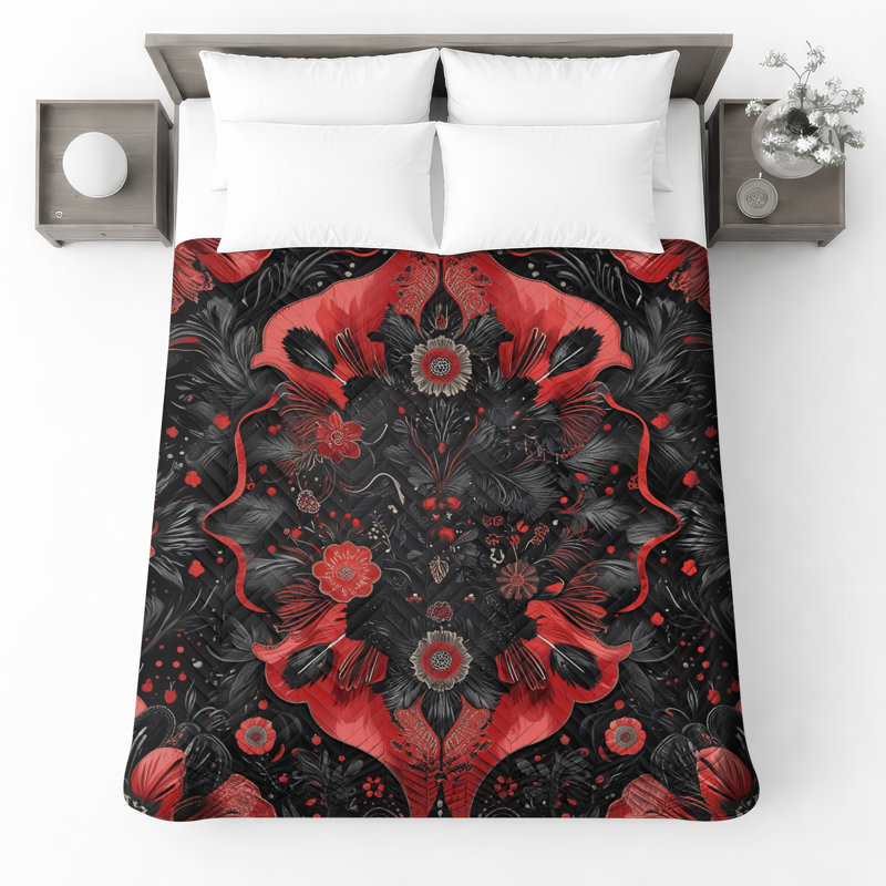Couvre-lit rouge à motif floral, Double