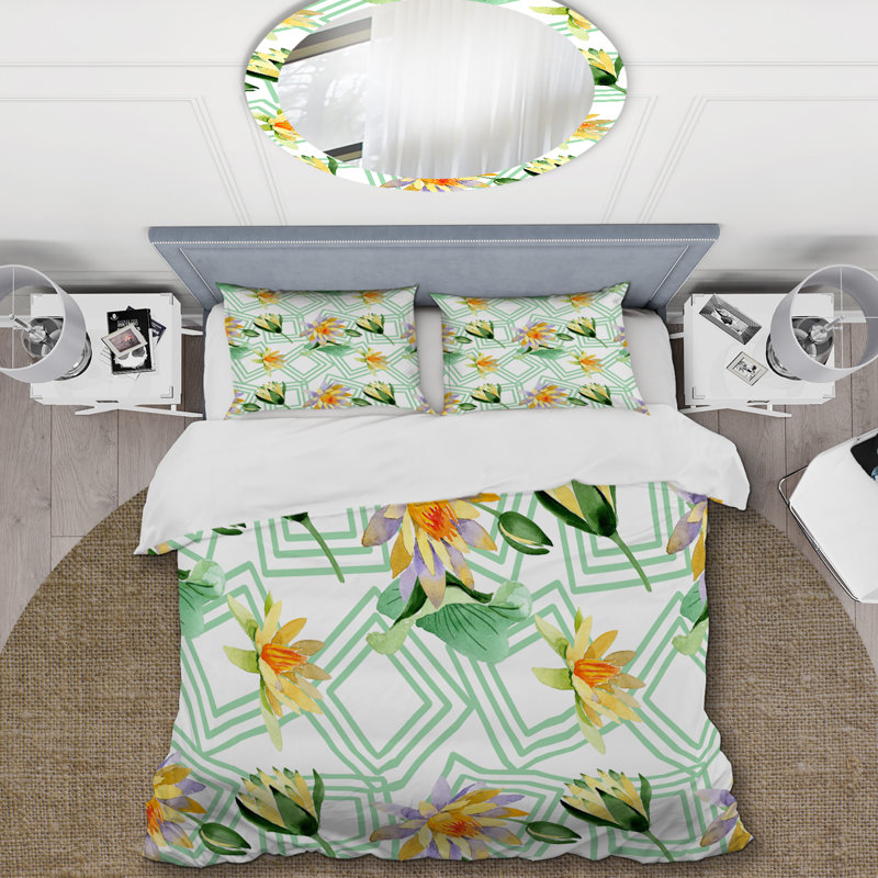 Ensemble de housse de couette Yellow Lotus Flowers - Cabin & Lodge, Housse de couette pour grand lit et 2 taies décor