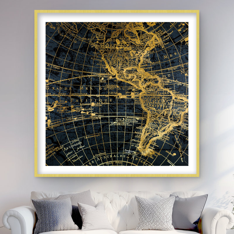 «Blue and Marine World Map Globe», reproduction encadrée industrielle