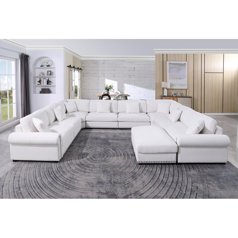 Modular Large 9 Seats Roller Arms Nailheads Cloud Couch Chenille Corner Sectional Sofa With Ottoman, White Chenille