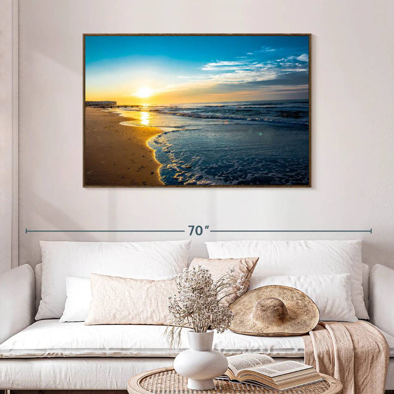 Lever de soleil à Ocean City, 46 po x 31 po, Cadre flottant en noyer