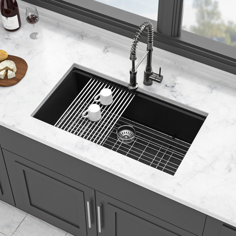 Évier de cuisine 32 x 19 po en composite de quartz en granite, couleur noire, coins arrondis pour un nettoyage simple, surface dure et non poreuse, paquet avec poste de travail pour planche à découper