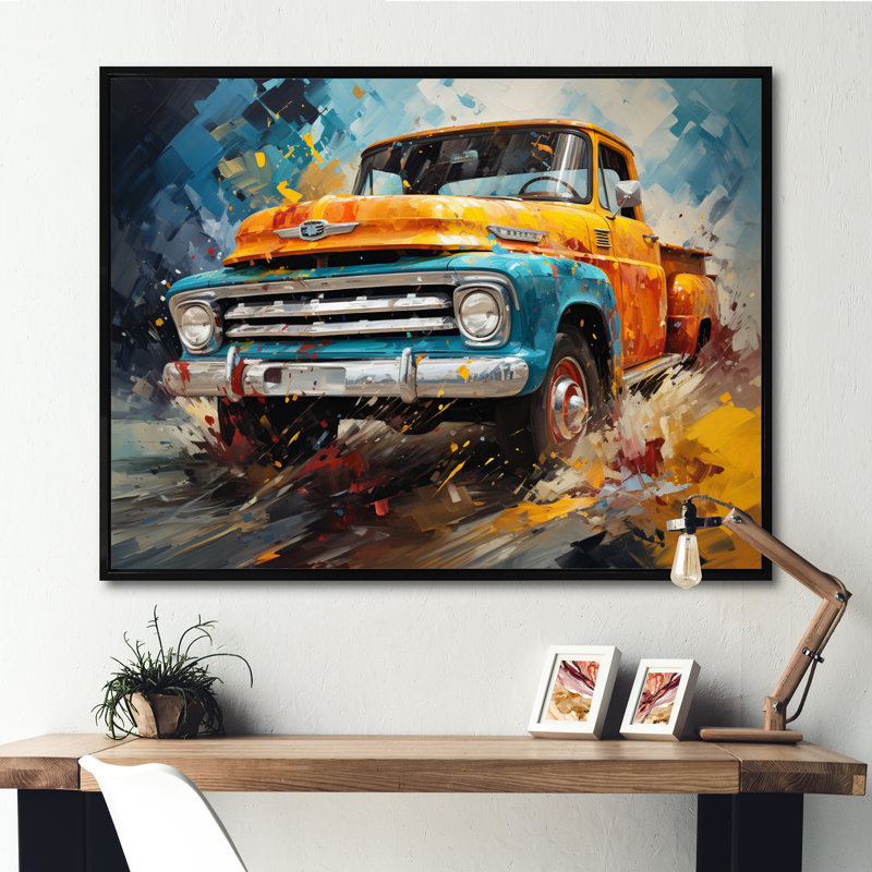 Yellow Pickup Truck Abstract Expressionism - Transportation Canvas Art Print, H 16 po x l 32 po x P 1 po, Cadre flottant noir