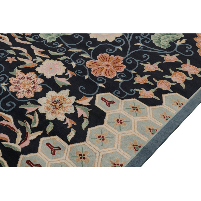 Art Deco Handmade Kilim Wool Floral Area Rug, Rectangle 10' x 14'