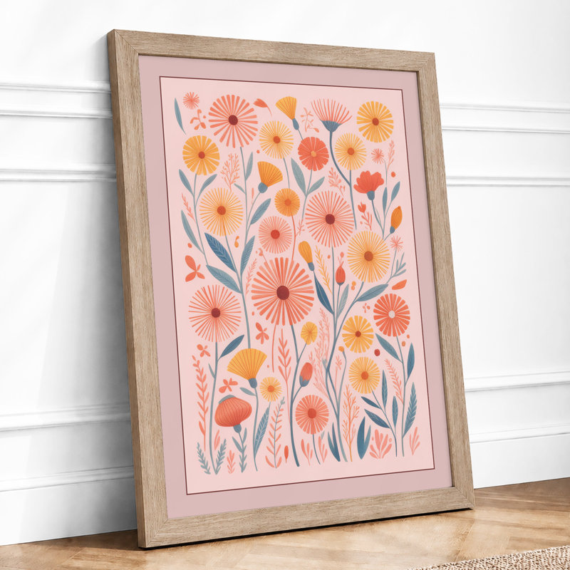 Daisy Garden Rhythm Botanical - Framed Print, A2 - 59.4 x 42.0 cm, Oak