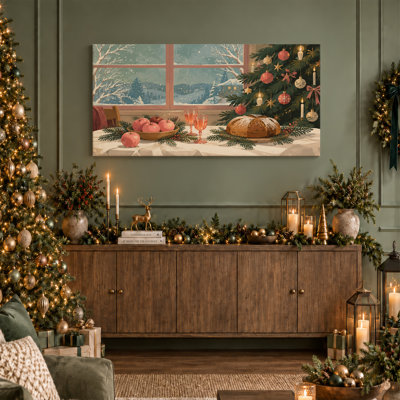 Red Apples and Bread by Snowy Window Christmas Canvas Wall Art