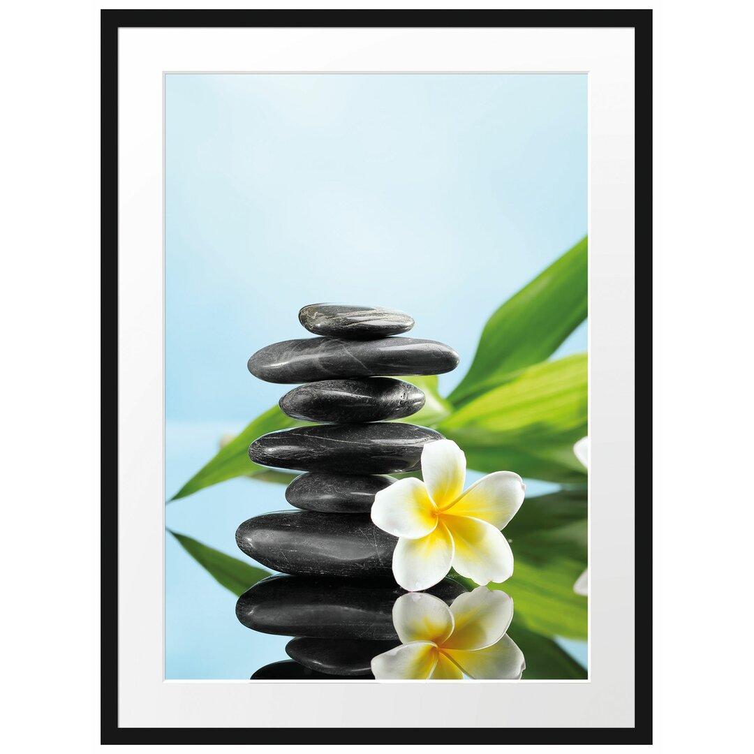 Gerahmtes Poster Zen Steinturm Monoi Blüten