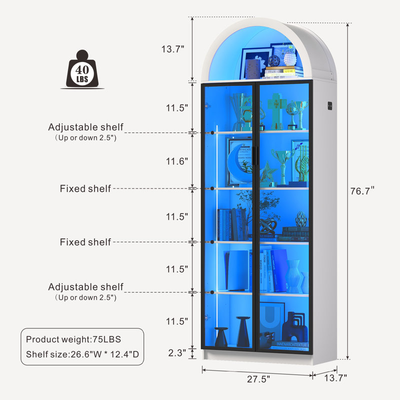 76" Tall Arched Display Cabinet, White