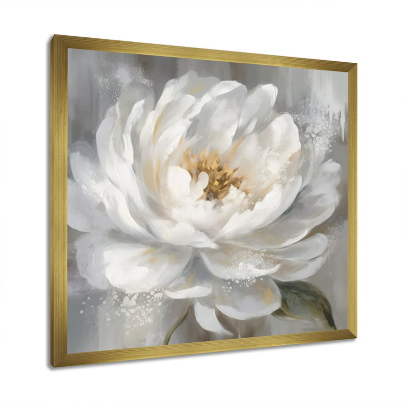 Art de pivoines blanches et grises - art sur toile de pivoines, H 30 po x l 30 po x P 1 po, Cadre flottant doré
