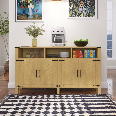 59'' Modern 4-Door Sideboard Buffet With Power Outlets & USB Ports, Adjustable Shelves And Half-Open Storage Cabinet, Metal Accents & Aluminum Handles